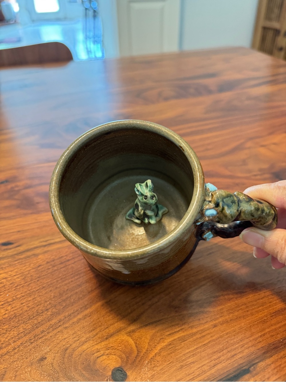 Signed Art Pottery Dinosaur Coffee Tea Mug Hidden Surprise